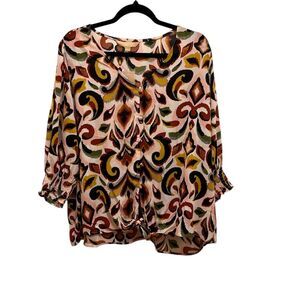 Hope & Harlow Women's 1X Geometric Print V-Neck Blouse Multicolor